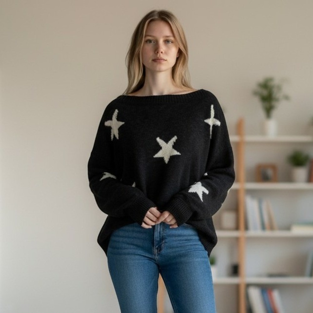 Black Star Print Lightweight Knit Sweater Small Celestial Long Sleeve
